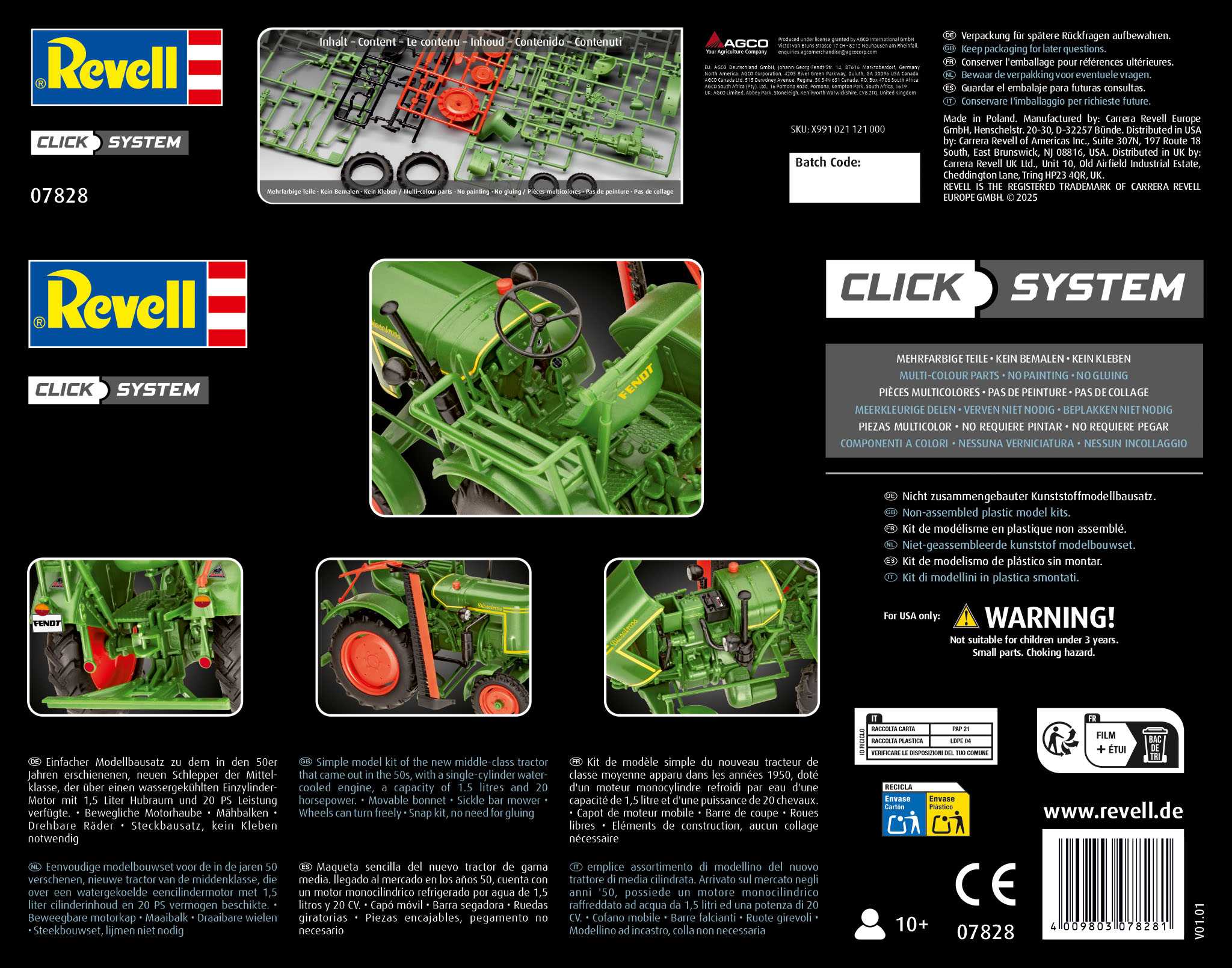 Revell 07828 Fendt F20 Dieselroß Tractor (Click System) 1:24 Scale Unbuilt, Pre-Coloured, Click-Together (Non-Glue), Plastic Model Kit
