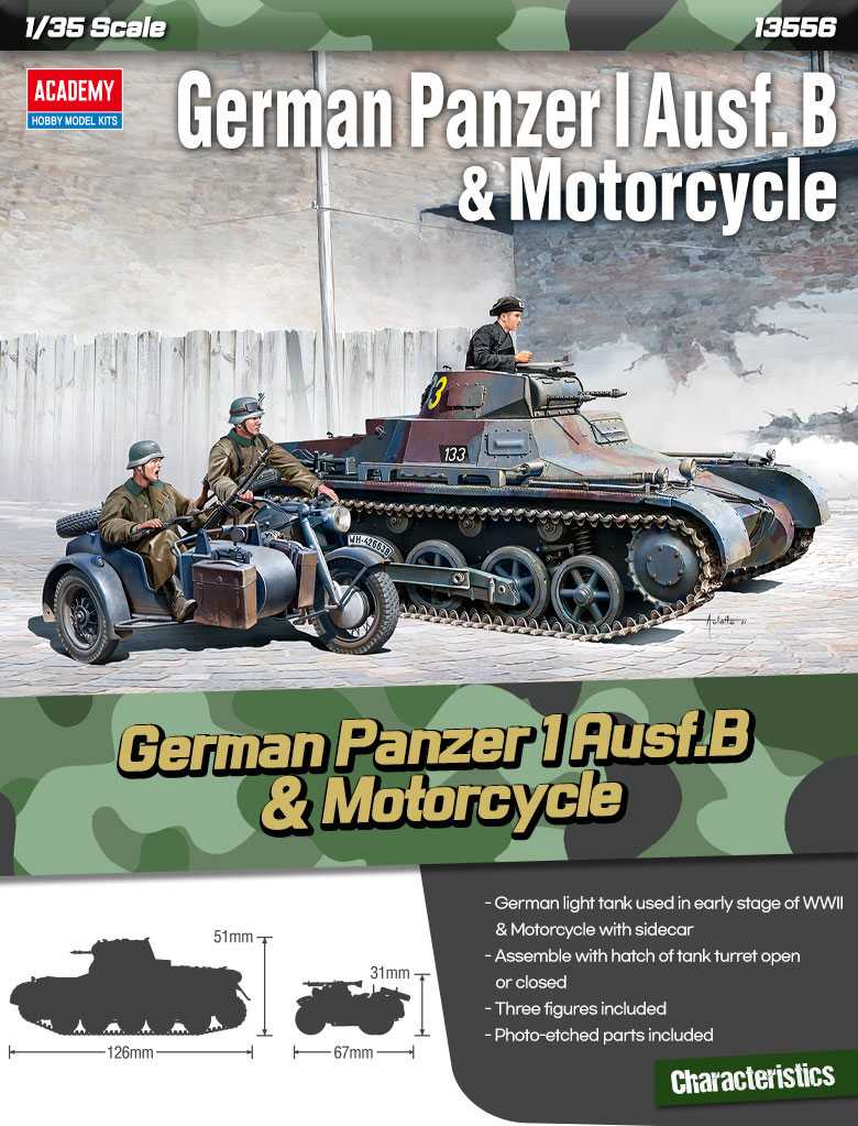 Model Kit military 13556 - German Panzer I Ausf.B & Motorcycle (1:35) 36-13556